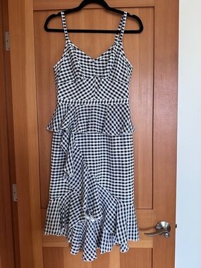 J Crew Navy and White Gingham Peplum Ruffle Dress